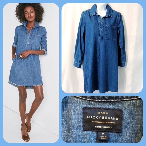 Lucky Brand Denim Long Sleeve Raw Hem V-Neck Dress - Picture 1 of 8